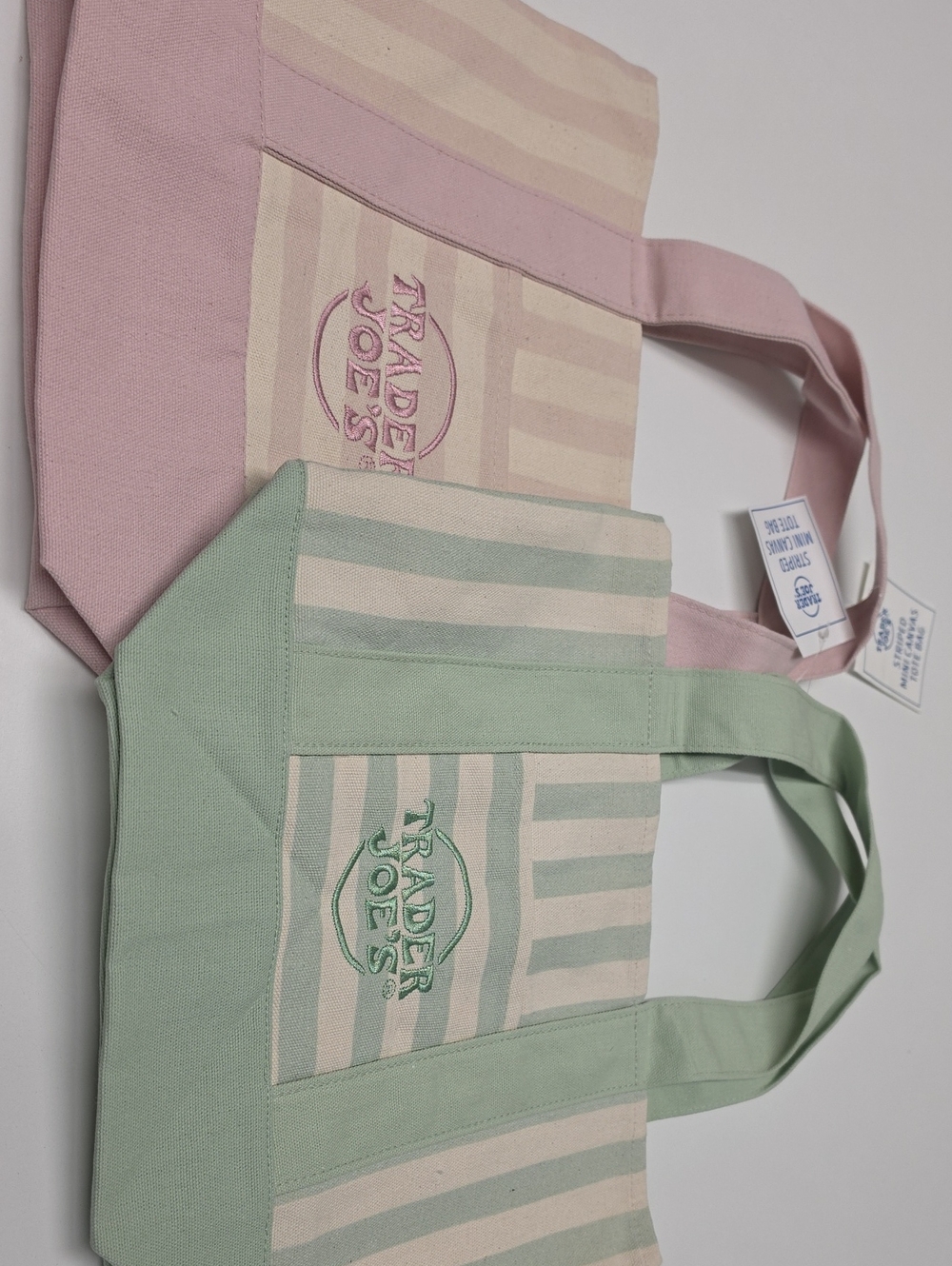 2 Pcs.Trader Joe's Pastel Green And Pink Canvas Tote Bag